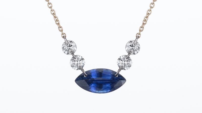 Marquise-shaped blue sapphire pendant in 14-karat yellow gold with lab-grown diamonds ($2,010)