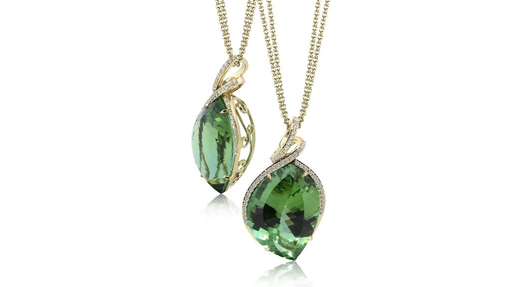 Simon G necklaces in 14-karat yellow gold with green tourmaline and diamonds