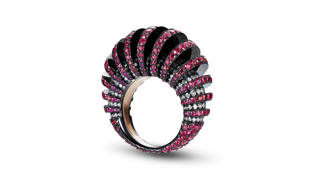 Lauren Adriana "Slice Ring" with diamonds and red spinels in 18-karat blackened and rose gold