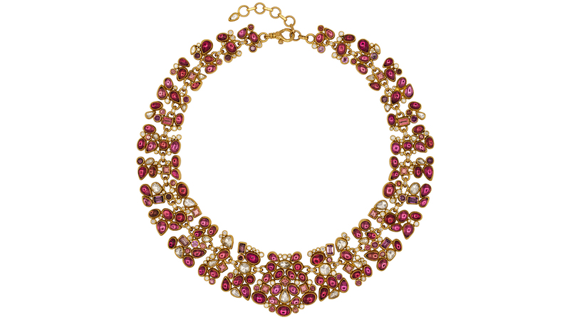 <a href="https://gurhan.com/products/okn-yg-ms-14347" target="_blank">Gurhan</a> one-of-a-kind garnet necklace clustered with diamonds, pink tourmaline, and pink topaz set in 24-karat gold ($108,000)