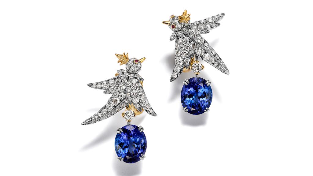 A pair of “Bird on a Rock by Tiffany” high jewelry earrings in platinum and 18-karat yellow gold with more than 10 carats of tanzanite “rocks” with diamonds on the bird’s bodies and rubies as the bird’s eyes ($150,000). (Image courtesy of Tiffany & Co.) Tiffany & Co. Bird on a Rock by Tiffany High Jewelry Drop Earrings