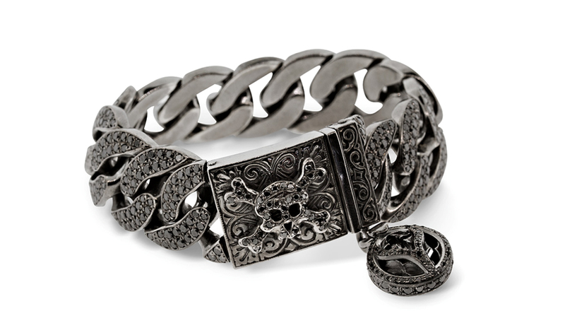 <a href="https://loreerodkin.com/product/skull-id-bracelet/" target="_blank">Loree Rodkin</a> “Skull ID” bracelet with black diamonds set in sterling silver with black rhodium ($29,425)