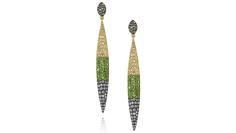 These slender 18-karat yellow gold Camo drop earrings are set with champagne-colored diamonds (0.88 carats), gray diamonds (1.1 carats), and 1.65 carats of tsavorites ($16,480).