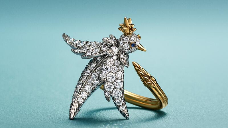 A “Bird on a Rock by Tiffany” ring in platinum and 18-karat yellow gold with diamonds on the bird’s body and sapphires as its eyes ($20,000). (Image courtesy of Tiffany & Co.) Tiffany & Co. Bird on a Rock by Tiffany Ring