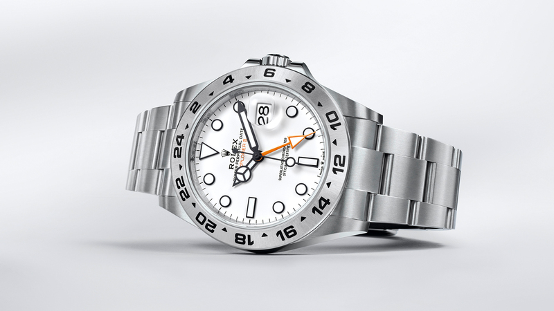 The new Explorer II models are available with white or black lacquer dials ($8,550).