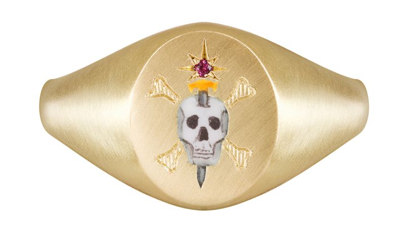 <a href="https://cecejewellery.com/" target="_blank">Cece Jewellery</a> 18-karat yellow gold, diamond and enamel “The Skull and Sword” ring ($3,240)