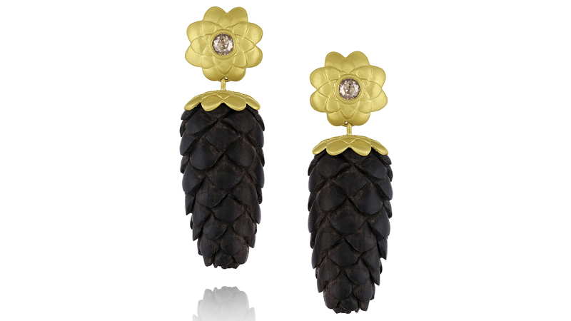 One of the “supporting cast members” for the Camo collection are these one-of-a-kind pinecone earrings made of ebony with 1.21 carats of champagne-colored diamonds set in 18-karat yellow gold ($14,710).