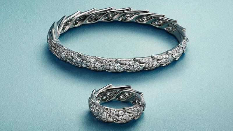 A “Bird on a Rock by Tiffany Wings” wide bracelet ($55,000) and wide ring ($20,000) in platinum with diamonds. (Image courtesy of Tiffany & Co.) Tiffany & Co. Bird on a Rock by Tiffany Wings Bracelet and Wide Band