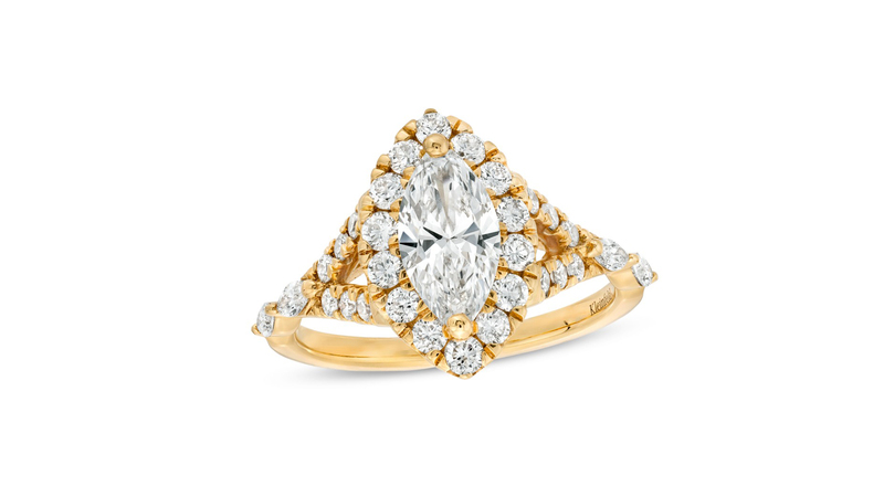 An 18-karat yellow gold Kleinfeld x Zales lab-grown marquise diamond engagement ring (2 carats total) with a split shank ($6,669)