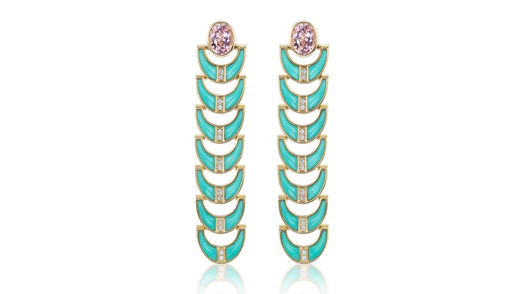 Sorellina “Capri Inlay Earrings” in 18-karat gold with chrysoprase, pink tourmaline, and diamonds