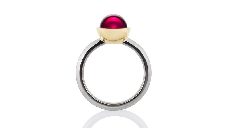 Chris Ploof “Palladium 500” ring with lab-grown ruby sphere center, set in 18-karat gold and palladium