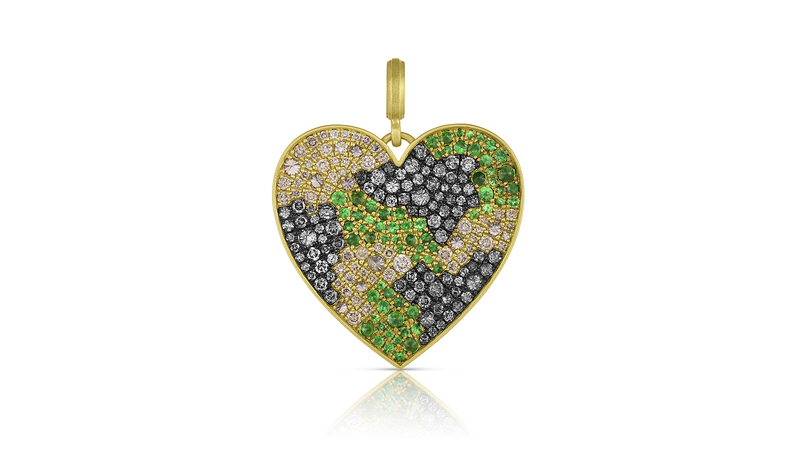 The “Camo” large heart pendant in 18-karat satin-finish gold with 1.37 carats of champagne-colored diamonds, 2 carats of gray diamonds, and 1.99 carats of tsavorites ($21,120). As with all Leigh Maxwell hearts, the word “love” is engraved in seven languages on the back.