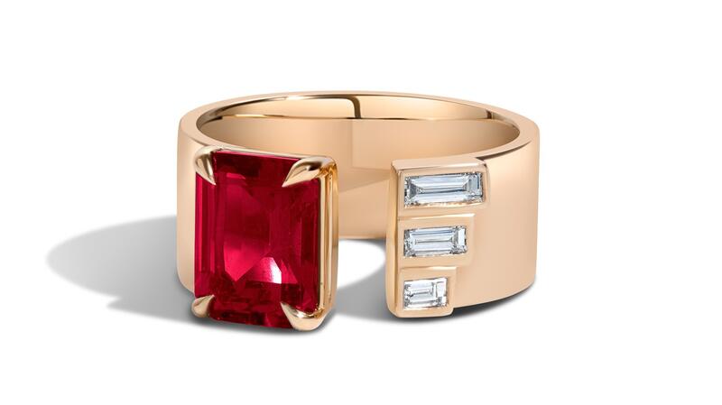 Shahla Karimi ruby and baguette diamond band in 14-karat yellow gold ($3,250)