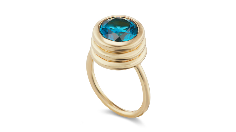 Beck Jewels’ “Grotto Ring” in 18-karat yellow gold with 3-carat blue topaz ($3,450)
