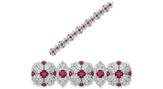 Category: Bracelets $5,001 and Up. Designed by Heena Shah of Valani in New York, New York. Entry information: Bracelet in 18-karat white gold set with 14 brilliant-cut rubies (14.90 total carats), 30 trillion-cut rubies (4.52 total carats), 56 marquise-cut diamonds (7.99 total carats), 14 pear-shaped diamonds (2.77 total carats), and 490 brilliant-cut diamonds (4.76 total carats) ($345,000)