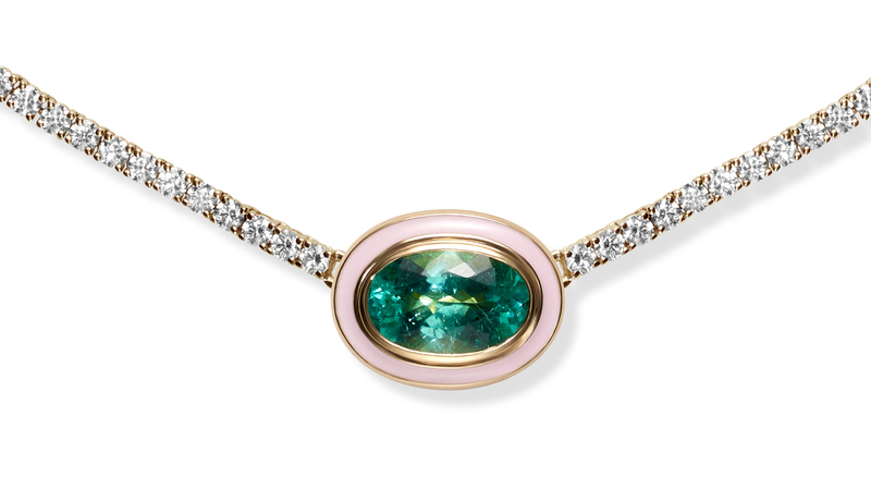 Melissa Kaye one-of-a-kind “Lenox” pendant with 2.44-carat Mozambican Paraiba-like tourmaline and pastel pink enamel over 18-karat yellow gold ($28,450)