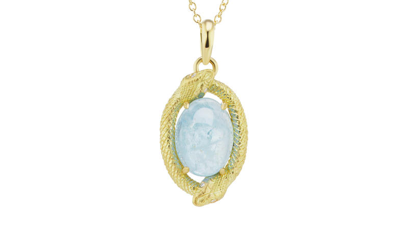 <a href="https://anthonylent.com/collections/necklaces-pendants/products/double-ouroboros-pendant" target="_blank"> Anthony Lent</a> 18-karat gold and aquamarine “Double “Ouroboros Pendant” ($3,910)