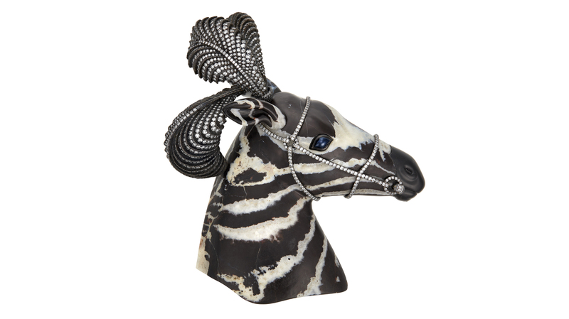 The agate, diamond, and sapphire zebra brooch from 1987 should earn between $50,000 and $70,000, according to Christie’s pre-sale estimate. (Image courtesy of Christie’s Images Ltd. 2022)