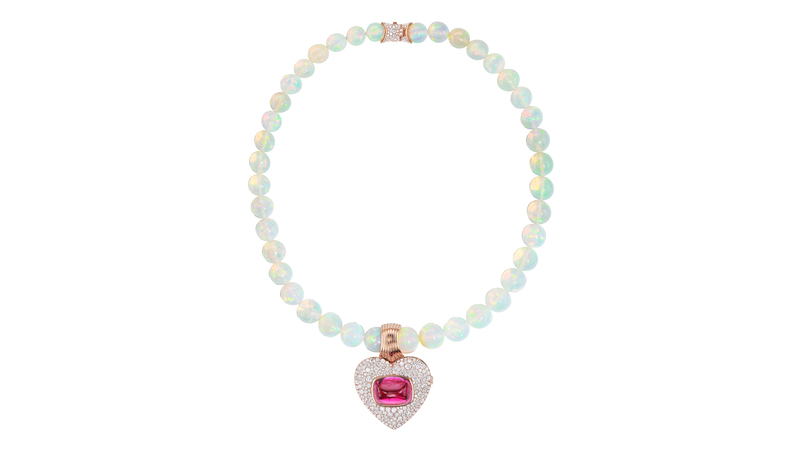 Emily P. Wheeler “Cinderella Necklace” with Ethiopian opal beads and 14-karat rose gold removable locket with 17.41-carat rubellite cabochon and 5.49 carats of diamonds (price upon request)