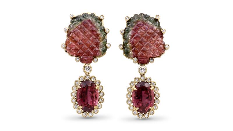 Stephen Dweck hand-carved watermelon tourmaline, faceted pink tourmaline and diamond earrings in 18-karat yellow gold ($29,275)