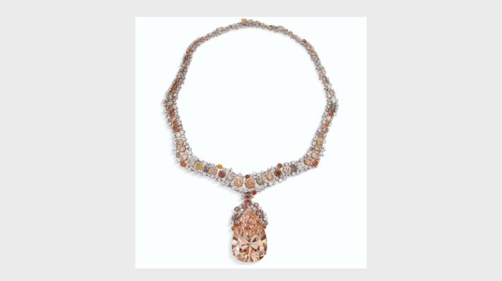 A “Colored Diamond and Diamond Pendant Necklace” with 141.22-carat fancy  brown-yellow pear-shaped diamond