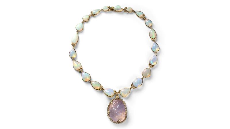 Necklace with 119-carat hand-carved lavender moon quartz, 138 total carats of opal, and 3.6 total carats of diamonds in 18-karat gold ($74,495)