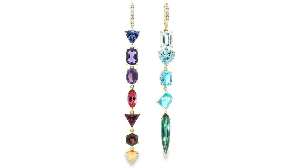 Lisa Nik’s “Asymmetric” multicolor drop earrings with diamonds in 18-karat yellow gold ($18,900) Lisa Nik Asymmetric Multicolor Drop Earrings