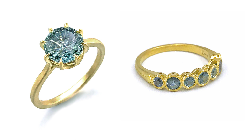 Two “Providence” rings. The piece at left features a 2.51-carat Montana sapphire cut by John Dyer in 18-karat yellow gold ($10,400), and the ring at right features 0.95 carats of Montana sapphires in 18-karat gold ($3,800).