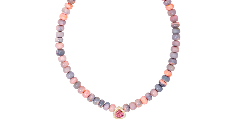 Jacquie Aiche pink and purple opal beaded necklace with pink tourmaline trillion-cut center stone and diamond pave set in 14-karat yellow gold ($4,625)