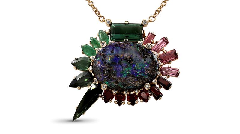 Boulder opal, green tourmaline, red sapphire, emerald, pink tourmaline, and white diamond pendant set in 18-karat yellow gold ($19,985)