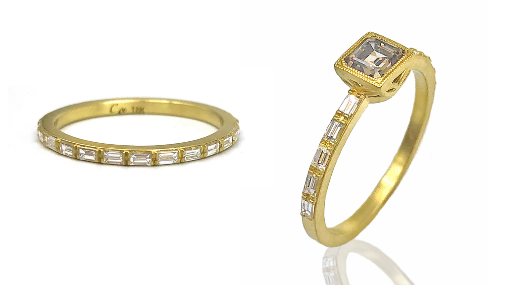 The “West Side” baguette diamond eternity band (0.55 total carats) in 18-karat gold ($3,900) at left, and the “West Side” 0.57-carat champagne diamond ring ($5,400) at right.
