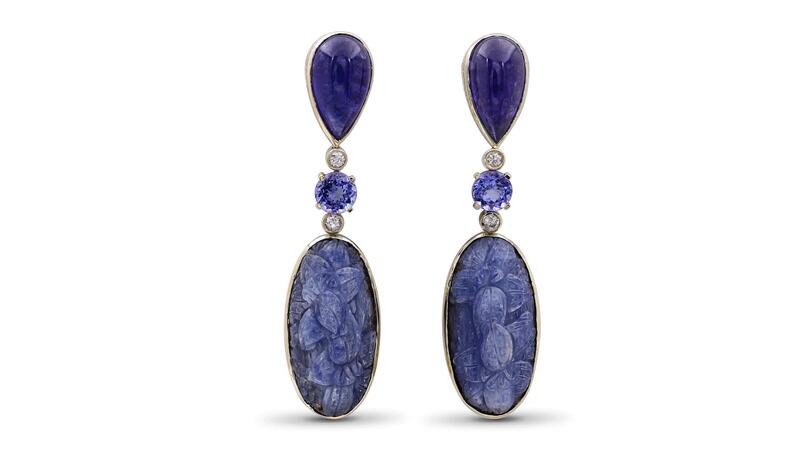 Earrings with tanzanite, hand-carved kyanite, and diamonds in 18-karat gold ($19,985)