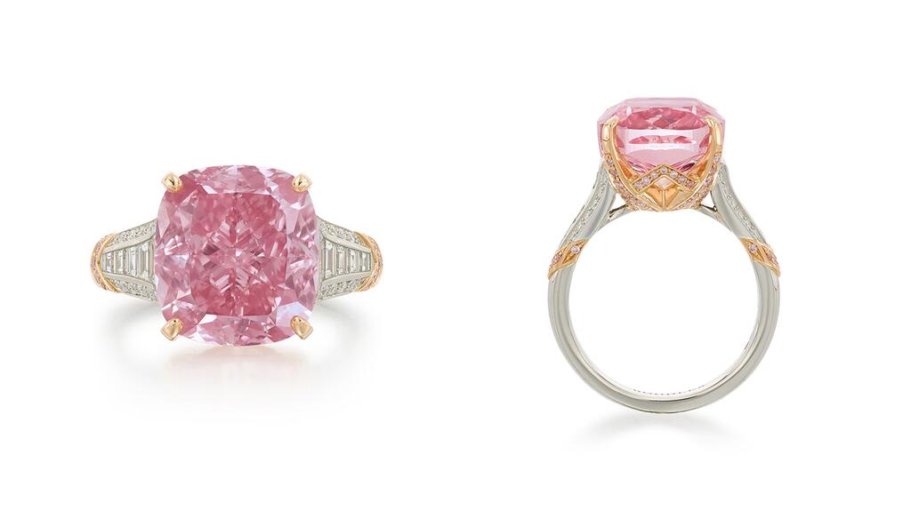“The Glowing Rose” is set in a ring designed by Boodles. It is made in platinum and Single Mine Origin pink gold with accents of Argyle pink diamonds and baguette- and brilliant-cut white diamonds. The Glowing Rose Boodles Ring