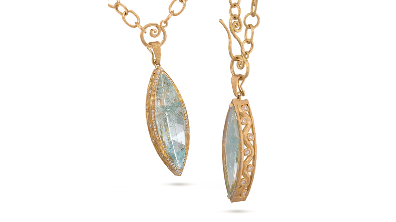 <a href="https://pamelafroman.com/" target="_blank"> Pamela Froman</a> “Wavy Crush Marquise” necklace in 18-karat yellow gold with a mirror-cut aquamarine and diamonds ($19,000)