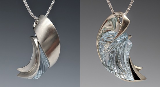 Category: Necklaces $5,001 and Up. Designed by Mike Anderson of Brody Designs in Stevens Point, Wisconsin. Entry information: 57-carat carved untreated Colorado blue topaz necklace in 14-karat white gold ($16,000)
