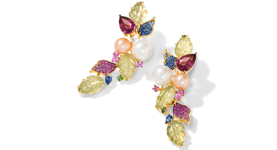 Category: Earrings up to $5,000. Designed by: Eddie LeVian of Le Vian in Great Neck, New York. Entry information: 14-karat yellow gold earrings with natural pink and white freshwater pearls and natural carved prehnite leaves ($4,999)