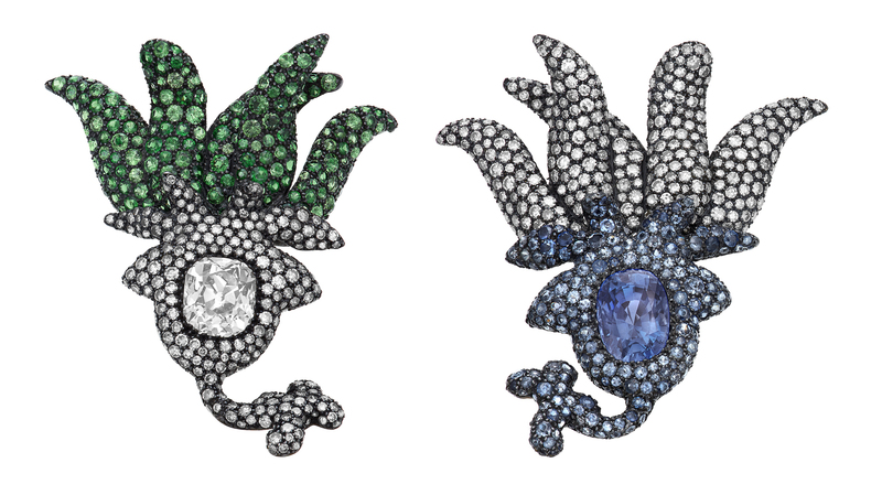 The pictured JAR sapphire, diamond, and green garnet earrings are expected to sell for between $200,000 and $300,000. They are signed JAR Paris. (Image courtesy of Christie’s Images Ltd. 2022)