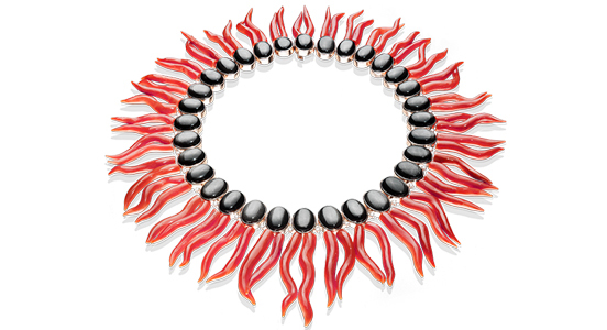 Category: Necklaces $5,001 and Up. Designed by: Hans Schullin of Schullin in Graz, Austria. Entry information: Necklace made of red Mediterranean coral branches, silver sheen obsidian cabochons (227.96 total carats) and 1.09 carats of brilliant-cut diamonds set in 18-karat rose gold ($22,500)