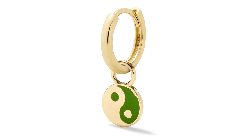 Less-than-stellar-quality costume versions of yin yang drop hoop earrings abound. Here’s Alison Lou’s 14-karat gold and enamel antidote ($425). There are also lots of yin yang and peace sign stud earrings and pendants in the collection.