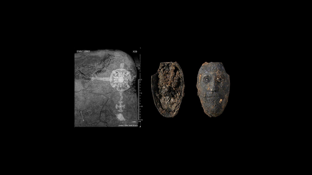 An x-ray of the area shows a large ornate cross, leading the team to believe the woman buried at the site may have been an early Christian leader. (Image courtesy of The Museum of London Archaeology)