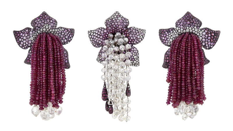 Featuring diamonds, rubies, and sapphires, these three “Fleur Pompons” brooches from 1989 are estimated to earn between $200,000 and $300,000. Each is signed JAR, Paris. (Image courtesy of Christie’s Images Ltd. 2022)