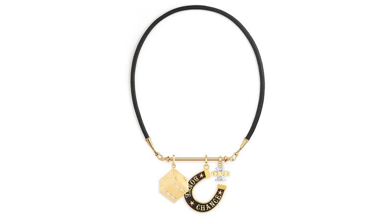 Marie Lichtenberg Lasso Necklace, Jumbo Dado Charm, Bonne Chance Jumbo Charm, One Diamond Pendant