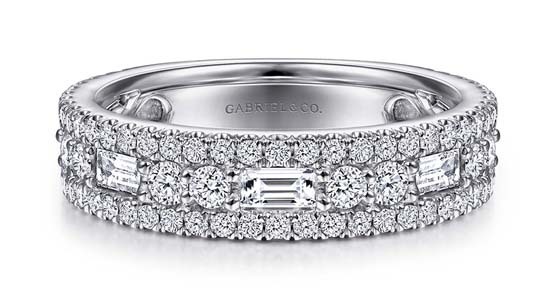Category: Wedding Bands up to $5,000. Designed by Gabriel & Co. of New York City. Entry information: 14-karat white gold wide anniversary band with round and baguette diamonds (1.37 total carats) ($2,265)
