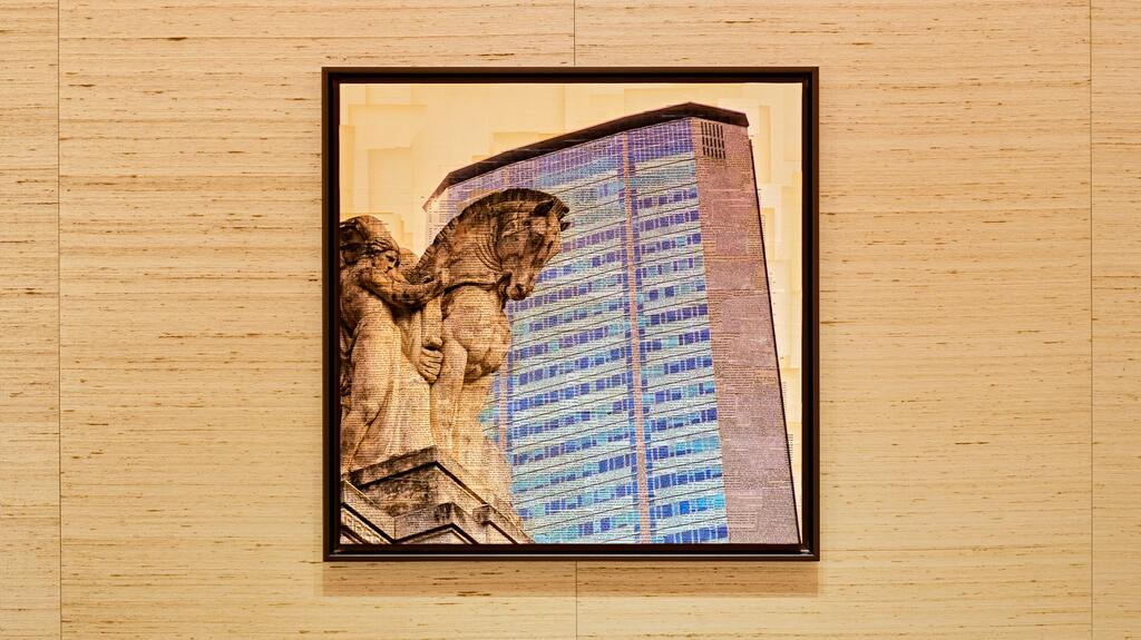Visual artist Nicolò Quirico contributed three works, one of which is seen here, that capture Milan’s architectural soul through photographs printed on collages of vintage book pages. Pomellato Rodeo Drive Flagship Artwork by Nicolò Quirico