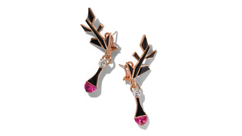 Nak Armstrong 20-karat rose gold, black spinel, diamond, and rubellite Quill Earrings