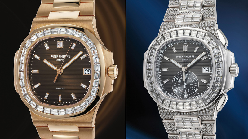 At No. 5 in the sale is the watch at left, a Patek Philippe Ref. 5723/1R Nautilus, which sold for $1 million. At right is the lot that followed it in sale results, a Patek Philippe Ref. 5980/1400G Nautilus, which went for $948,000.