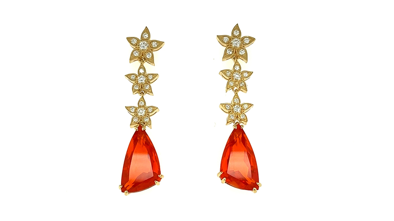 <a href="https://www.lisanik.com" target="_blank">Lisa Nik </a> Mexican fire opal drop earrings with diamonds set in 18-karat yellow gold ($21,000)