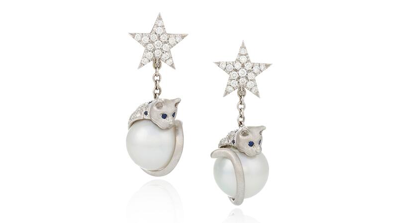 white gold pearl cat earrings Sandy Lerner auction