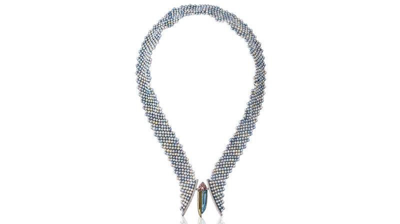 Best Use of Platinum and Color. Llyn Strelau platinum “Dreamweaver” necklace featuring multicolored akoya cultured pearls, 0.40 total carats of diamonds, and a removable platinum pendant featuring a specialty cut beryl suite: a 5.28-carat aquamarine, a 4.56-carat heliodor and a 2.86-carat morganite
