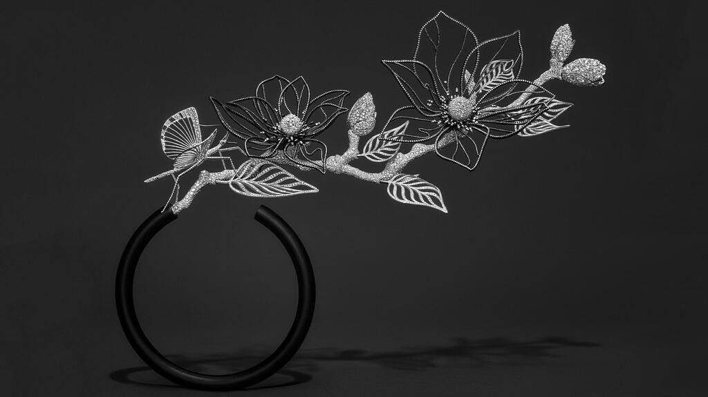 The “Magnolia” collar necklace transforms into head jewel with pavé diamonds, aluminum, black ceramic coating, and white gold Boucheron Composition 2 Magnolia Necklace Head Jewel